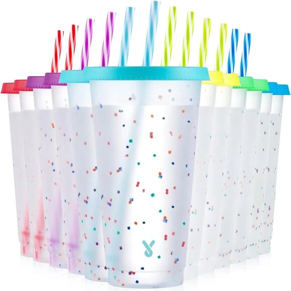 12pk 24oz Confetti Color Changing Cups w/ Lid & Straw for Party/Holiday Reusable - Picture 1 of 8